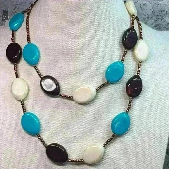 Vintage Jewelry - Vintage Glass Beaded Necklace Turquoise Blue Cream Brown